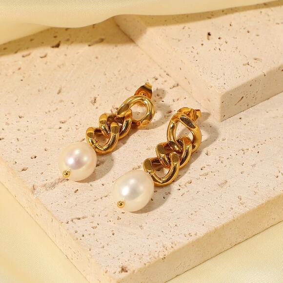 Baroque Freshwater Pearl Drop 18K Gold‎ Earrings Stainless Steel - Picture 6 of 13